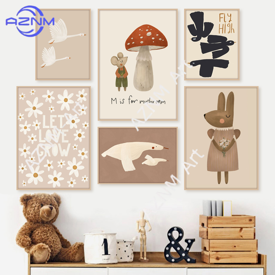 Baby Nursery Picture Frames - Boho Cartoon Rabbit Mouse Goose Posters