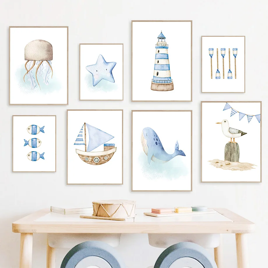 Baby Nursery Ocean - Sailboat Lighthouse Seagull Whale Octopus Star