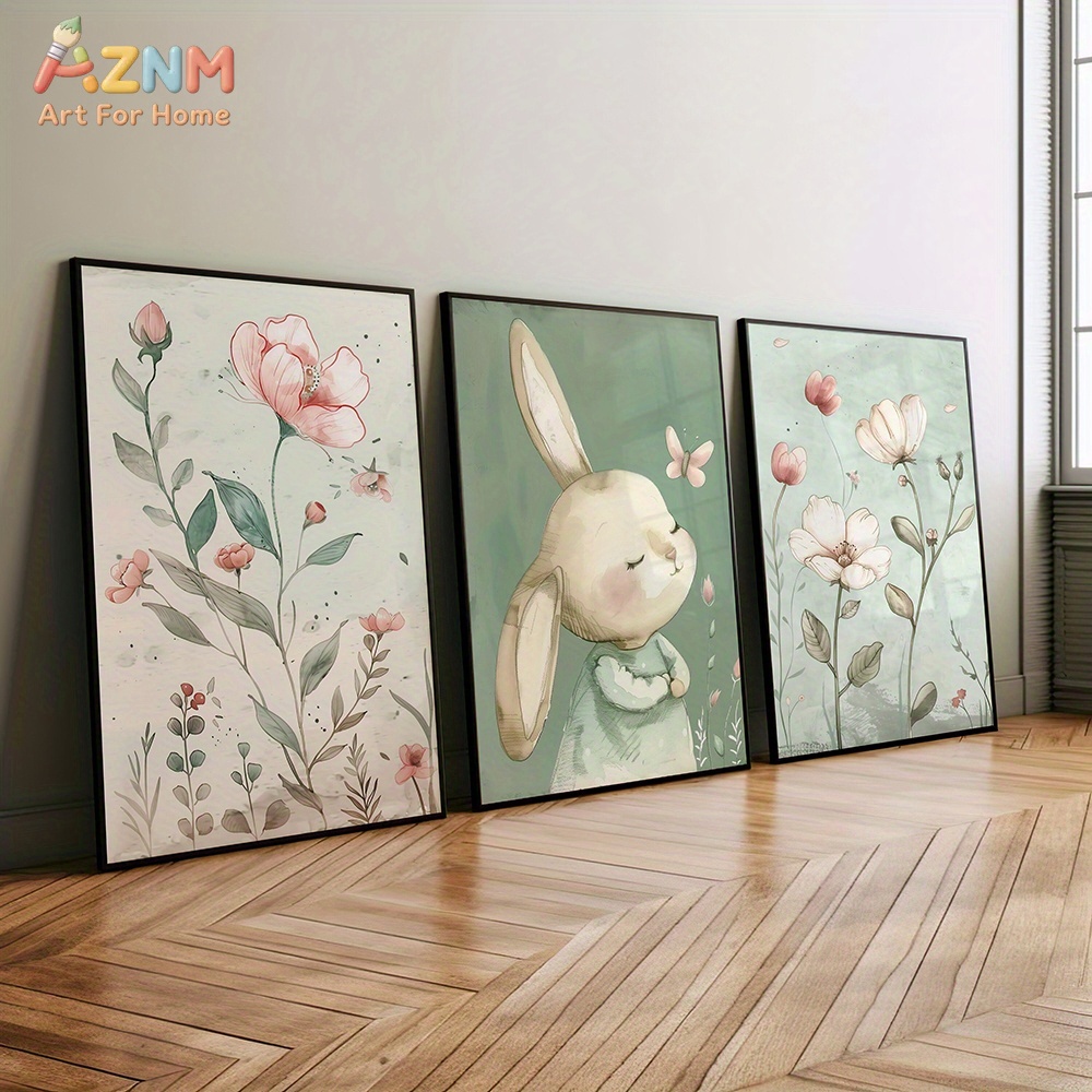 3PCS Cute Bunny and Pink Flowe - đánh giá và giá Baby Nursery Picture Frames