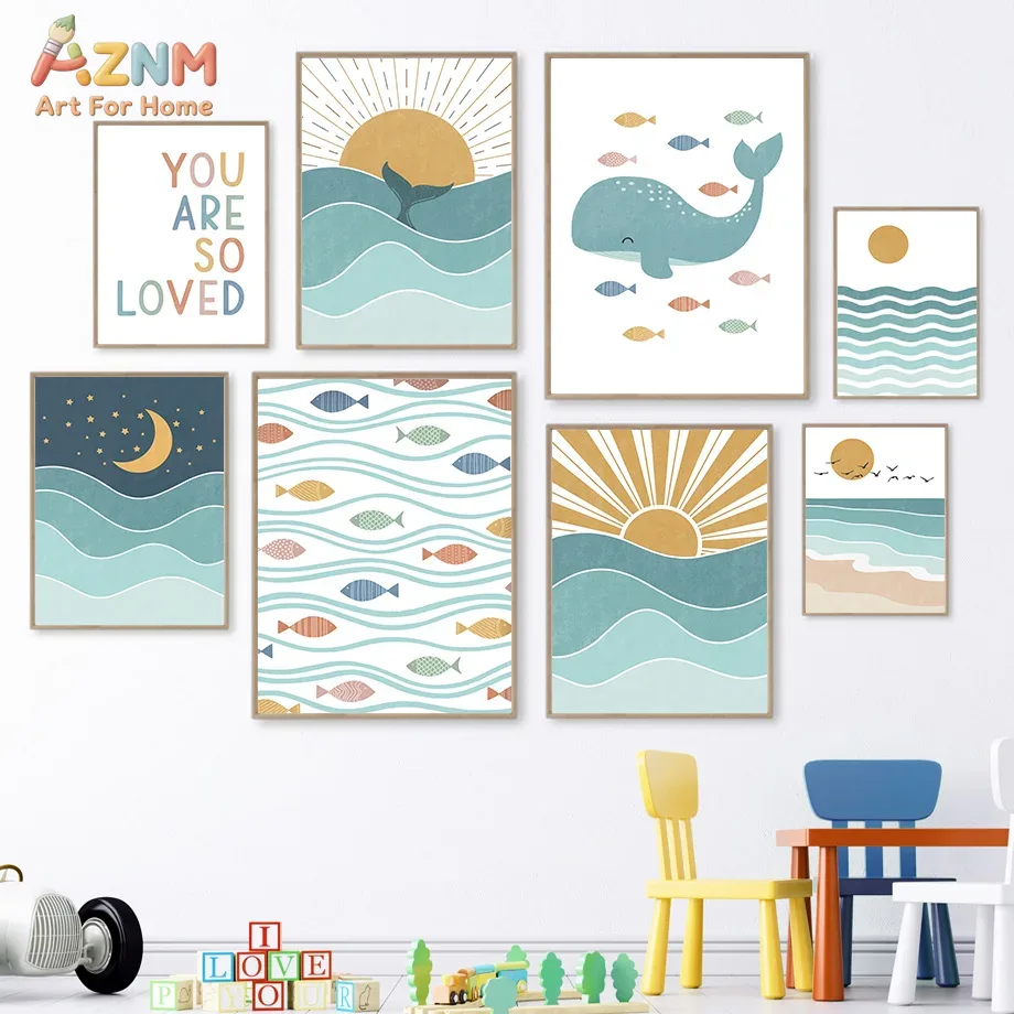 AZNM Boho Ocean Canvas Wall Ar - đánh giá và giá Baby Nursery Ocean