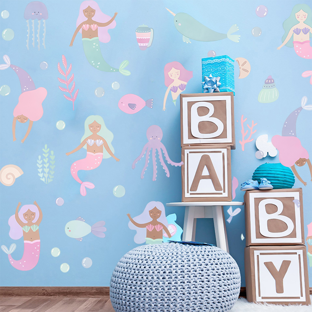 Watercolor Mermaid Wall Sticke - đánh giá và giá Baby Nursery Ocean